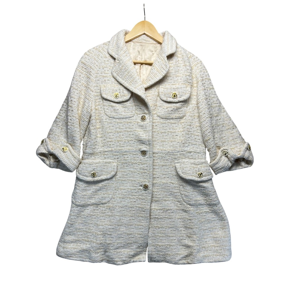 Tweed Jacket Womens Gold Button‎ Detail Three Quarter Sleeve Coat Retro Large